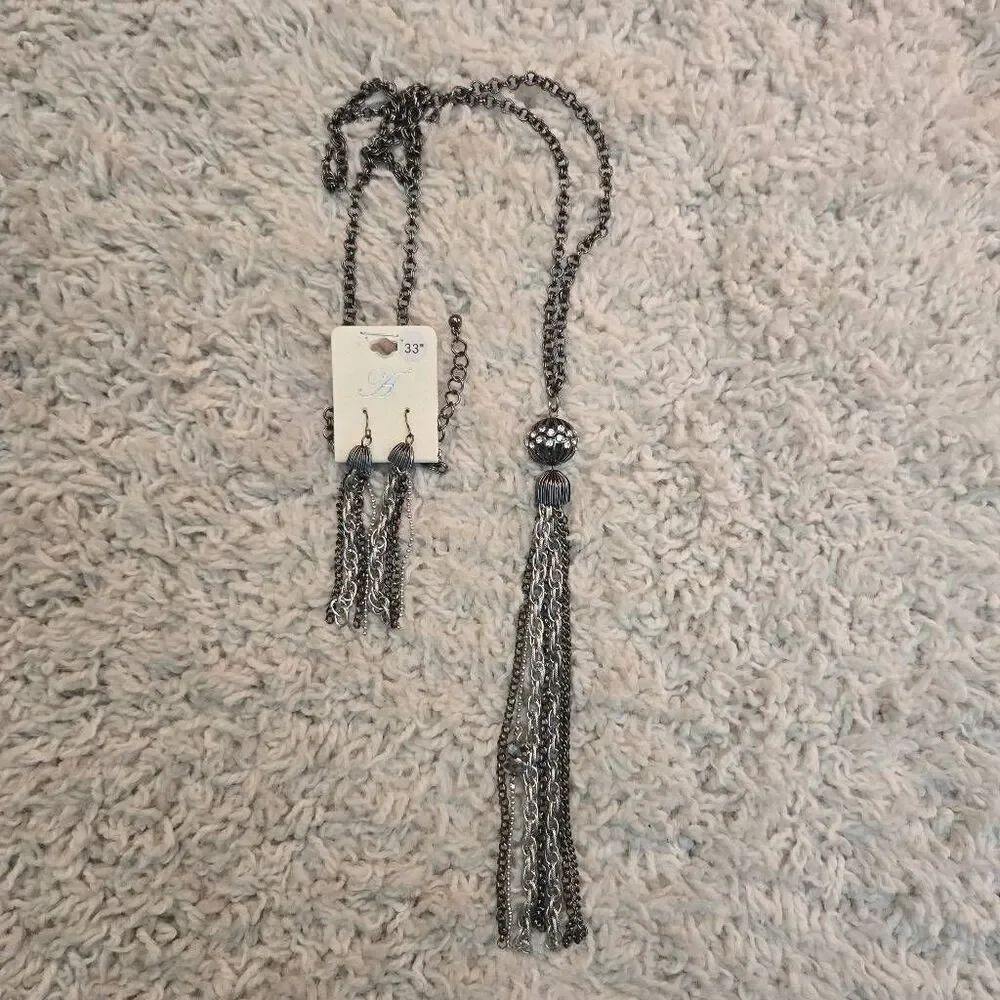 Dark Silver Chain Tassle Necklace & Earrings Set Rhinestone Accents